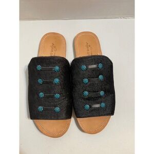 Agave Sky Slide Sandals Women's 10 Black Cowhide Turquoise Concho Great Flat